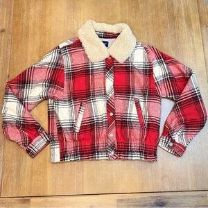 Splendid Sherpa-Collar Plaid Jacket Snap Front Cropped Red/Black Sz S